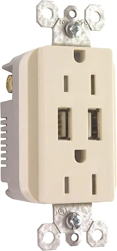 15A 125V Duplex Outlet with 2 USB Chargers. Light Almond