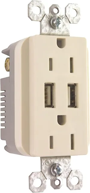 15A 125V Duplex Outlet with 2 USB Chargers. Light Almond