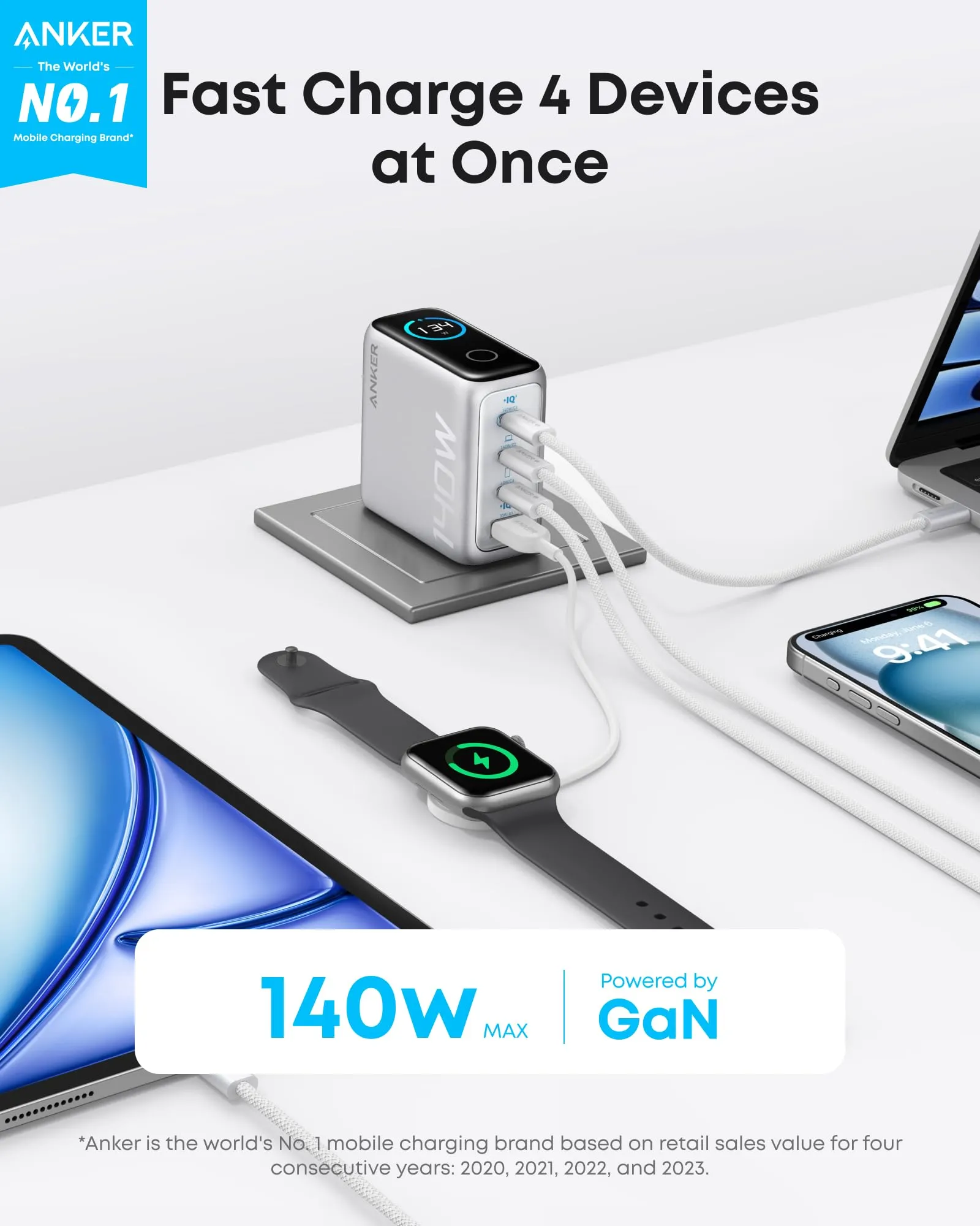 Anker Laptop Charger (140W, 4-Port, PD 3.1) with USB-C Cable
