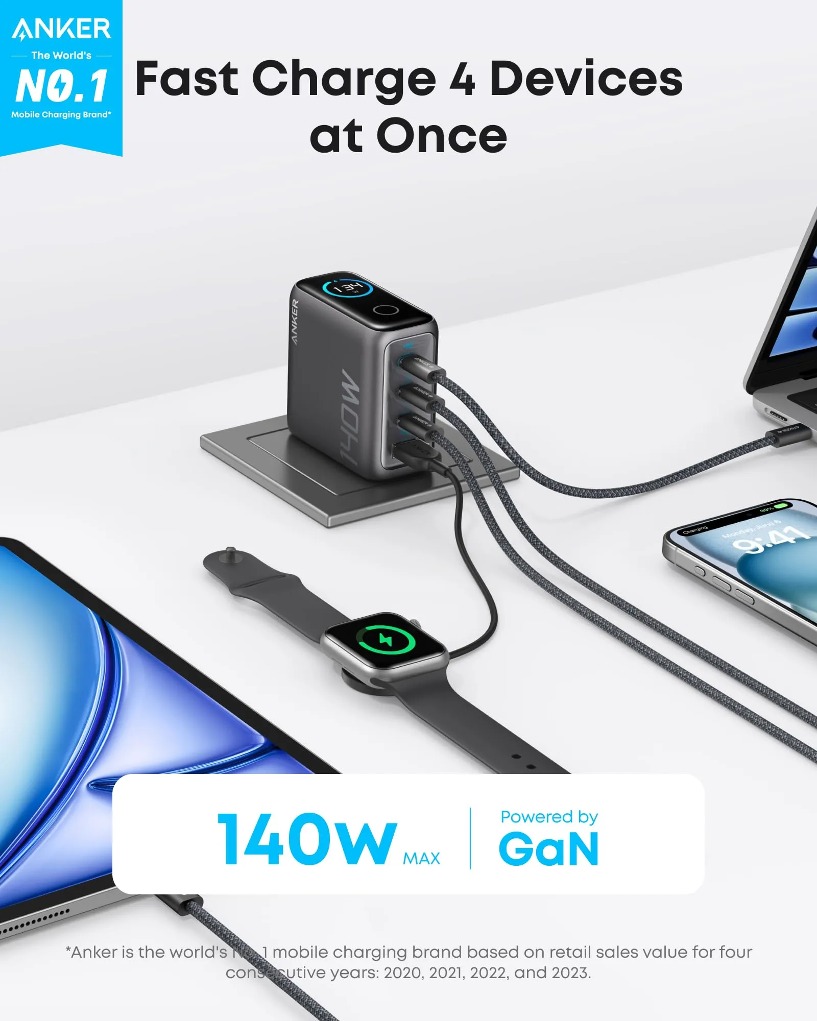 Anker Laptop Charger (140W, 4-Port, PD 3.1) with USB-C Cable