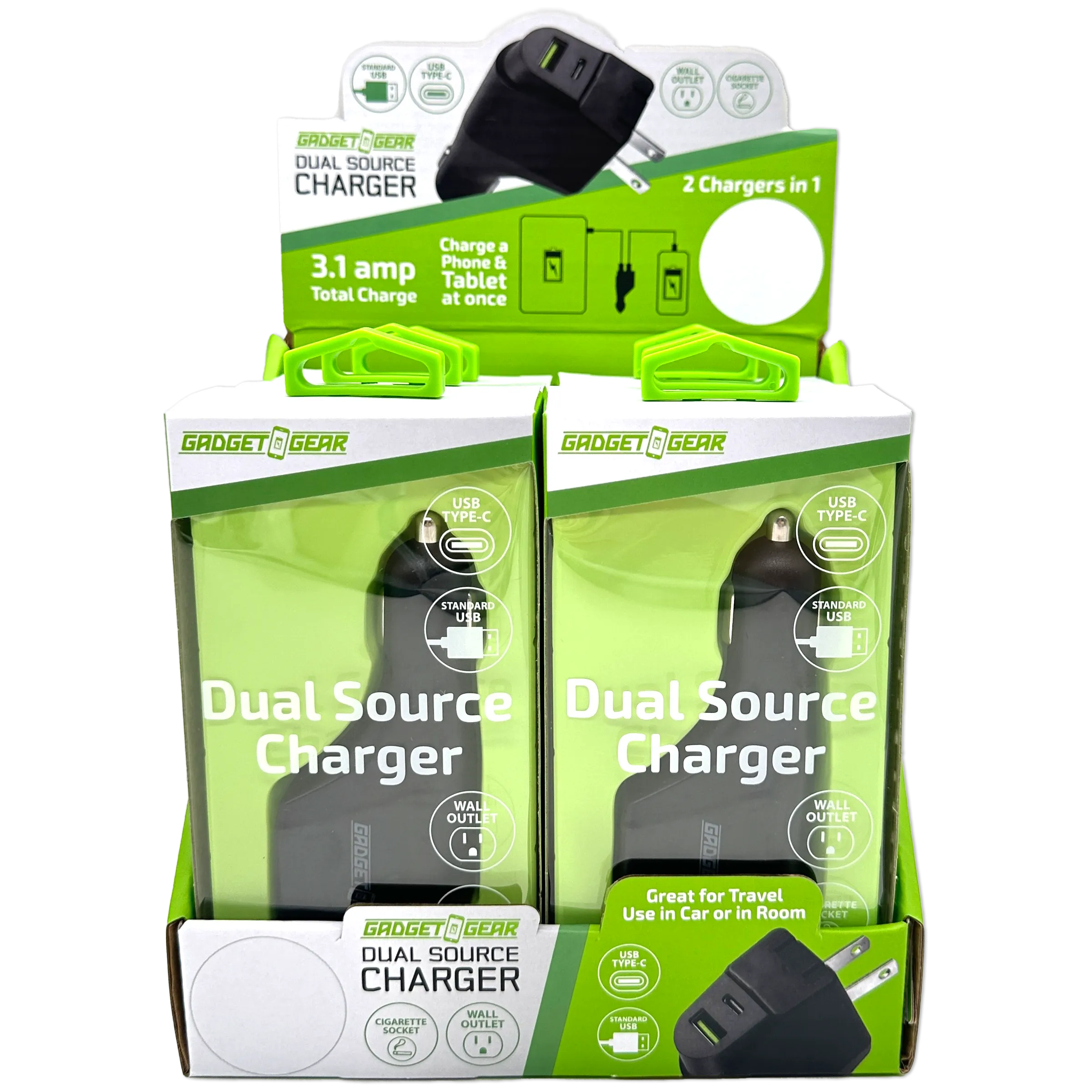 Car Charger and Wall Charger Combo Dual Port USB / USB-C 3.1 Amp - 6 Pieces Per Retail Ready Display 23708