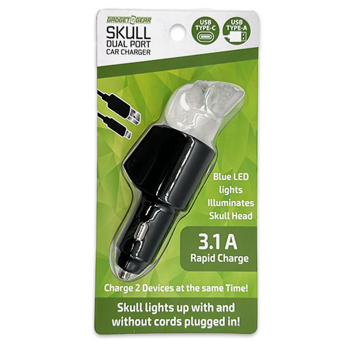 Car Charger Dual Port USB / USB-C LED Skull 3.1 Amp - 6 Pieces Per Pack 24001AZ