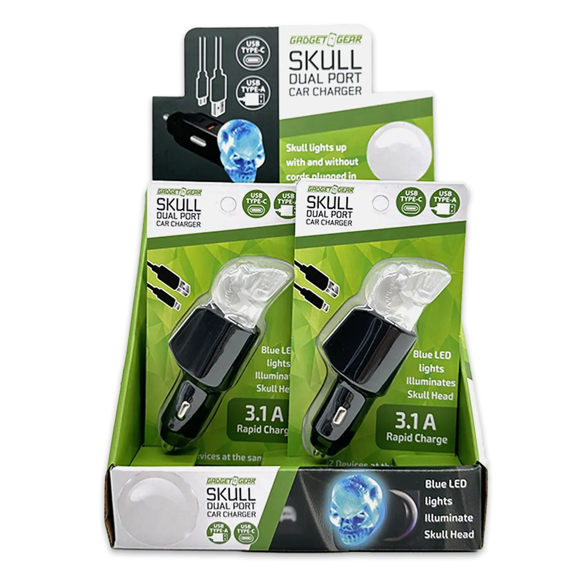 Car Charger Dual Port USB / USB-C LED Skull 3.1 Amp - 6 Pieces Per Retail Ready Display 24001