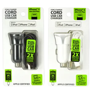 Car Charger with USB to Lightning Charging Cable Set 2.4 Amp - 2 Pieces Per Pack 21098