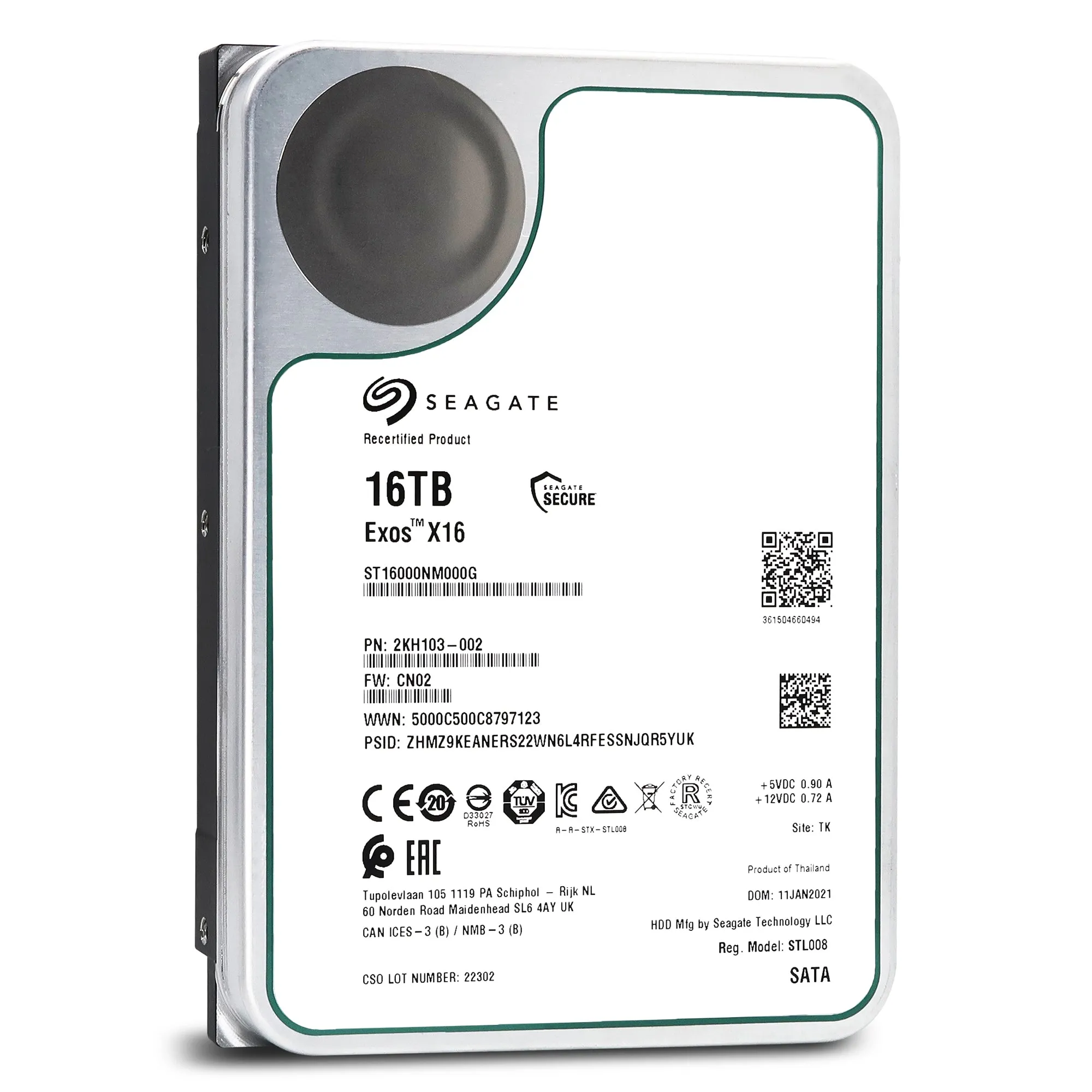 Seagate Exos X16 ST16000NM000G 16TB 7.2K RPM SATA 6Gb/s 512e/4Kn Power Disable Feature 3.5in Recertified Hard Drive