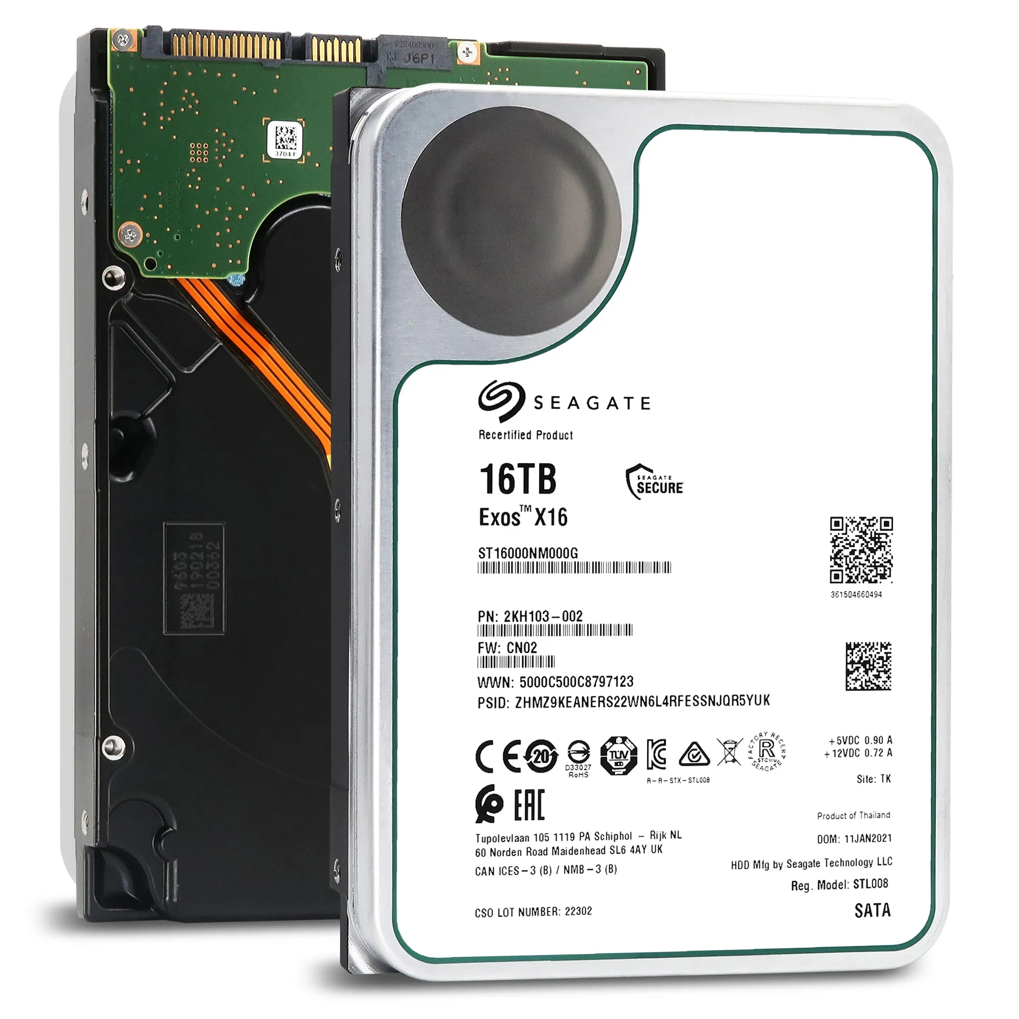 Seagate Exos X16 ST16000NM000G 16TB 7.2K RPM SATA 6Gb/s 512e/4Kn Power Disable Feature 3.5in Recertified Hard Drive