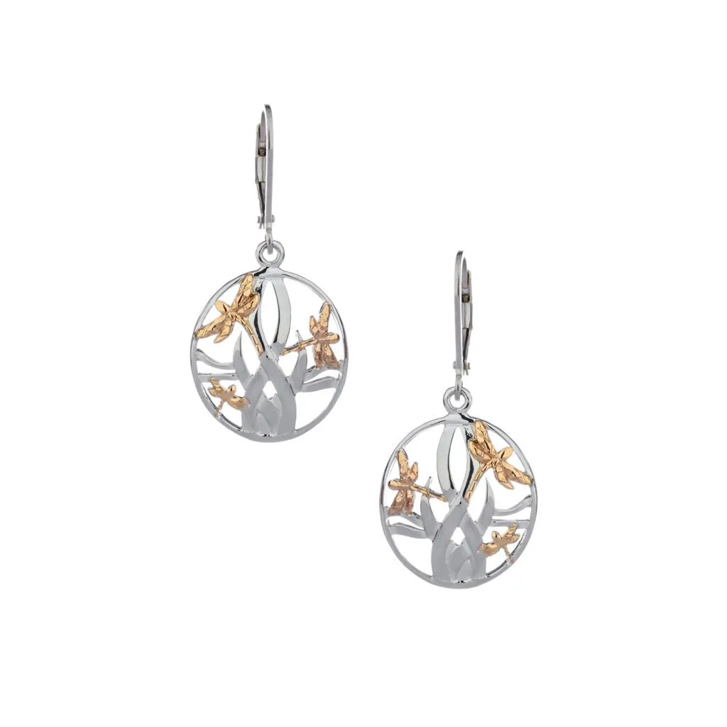 Silver and 10k Gold Dragonfly In Reeds Earrings