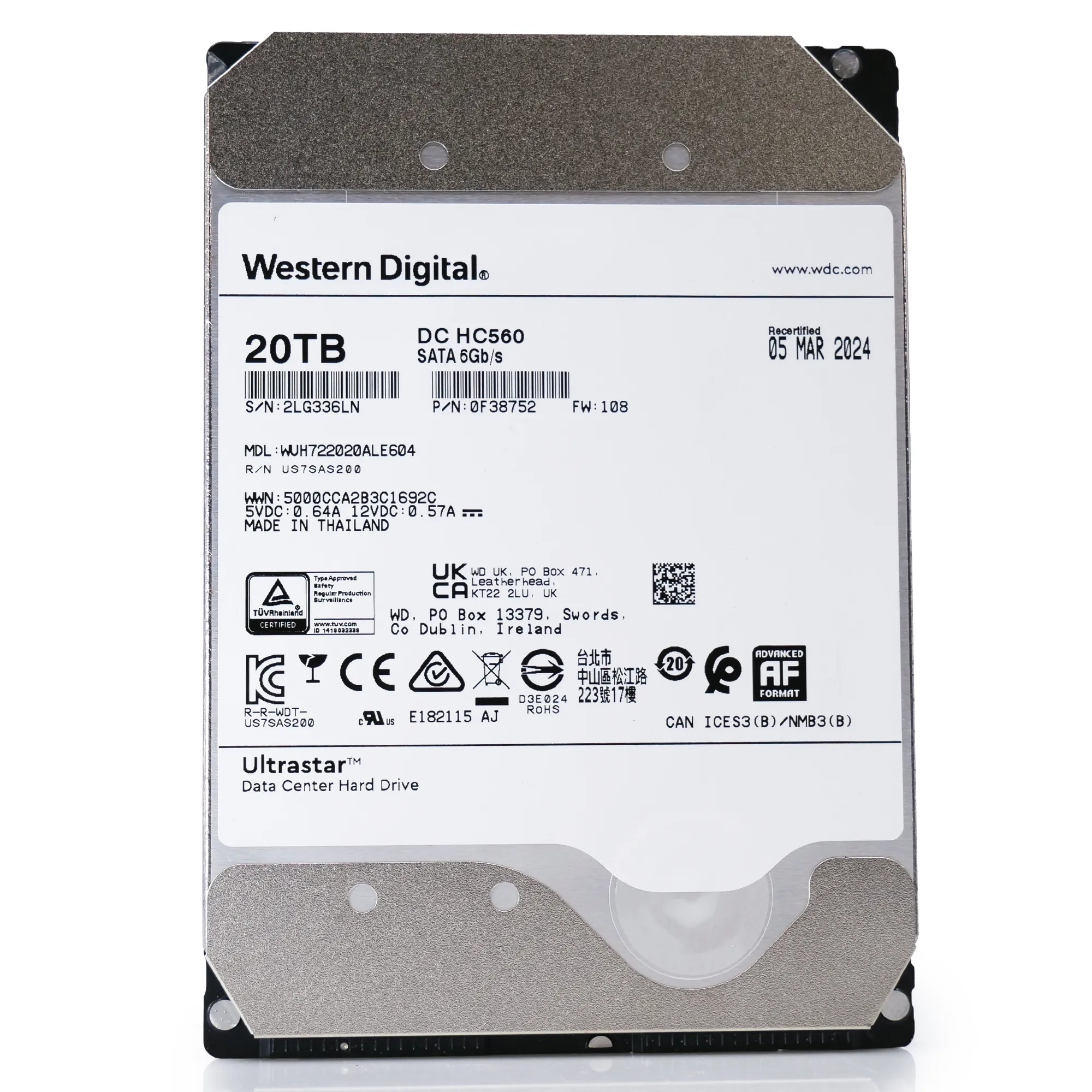 Western Digital Ultrastar HC560 WUH722020ALE604 0F38752 20TB 7.2K RPM SATA 6Gb/s 512e Power Disable 3.5in Recertified Hard Drive