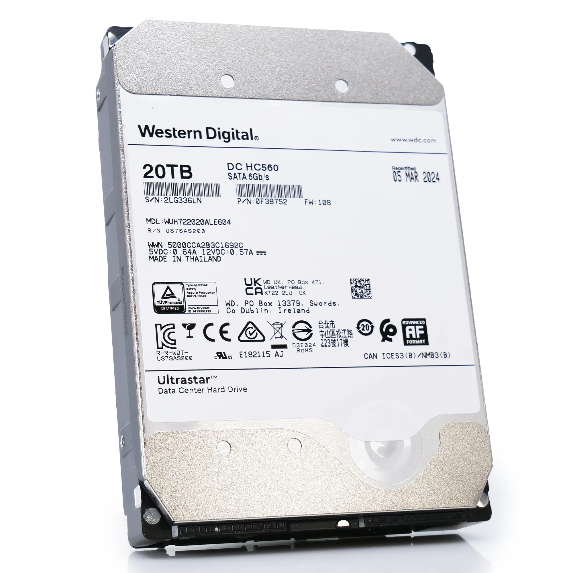 Western Digital Ultrastar HC560 WUH722020ALE604 0F38752 20TB 7.2K RPM SATA 6Gb/s 512e Power Disable 3.5in Recertified Hard Drive