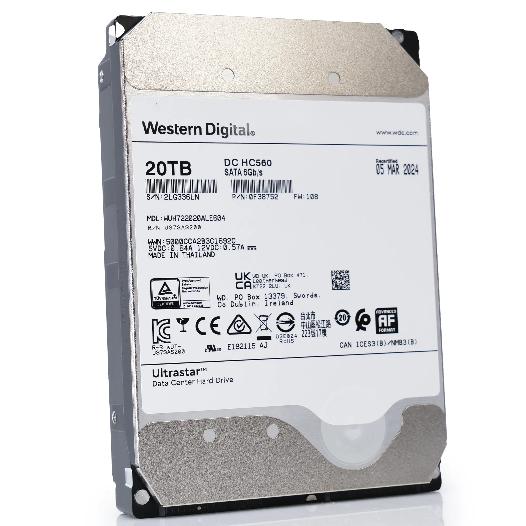 Western Digital Ultrastar HC560 WUH722020ALE604 0F38752 20TB 7.2K RPM SATA 6Gb/s 512e Power Disable 3.5in Recertified Hard Drive