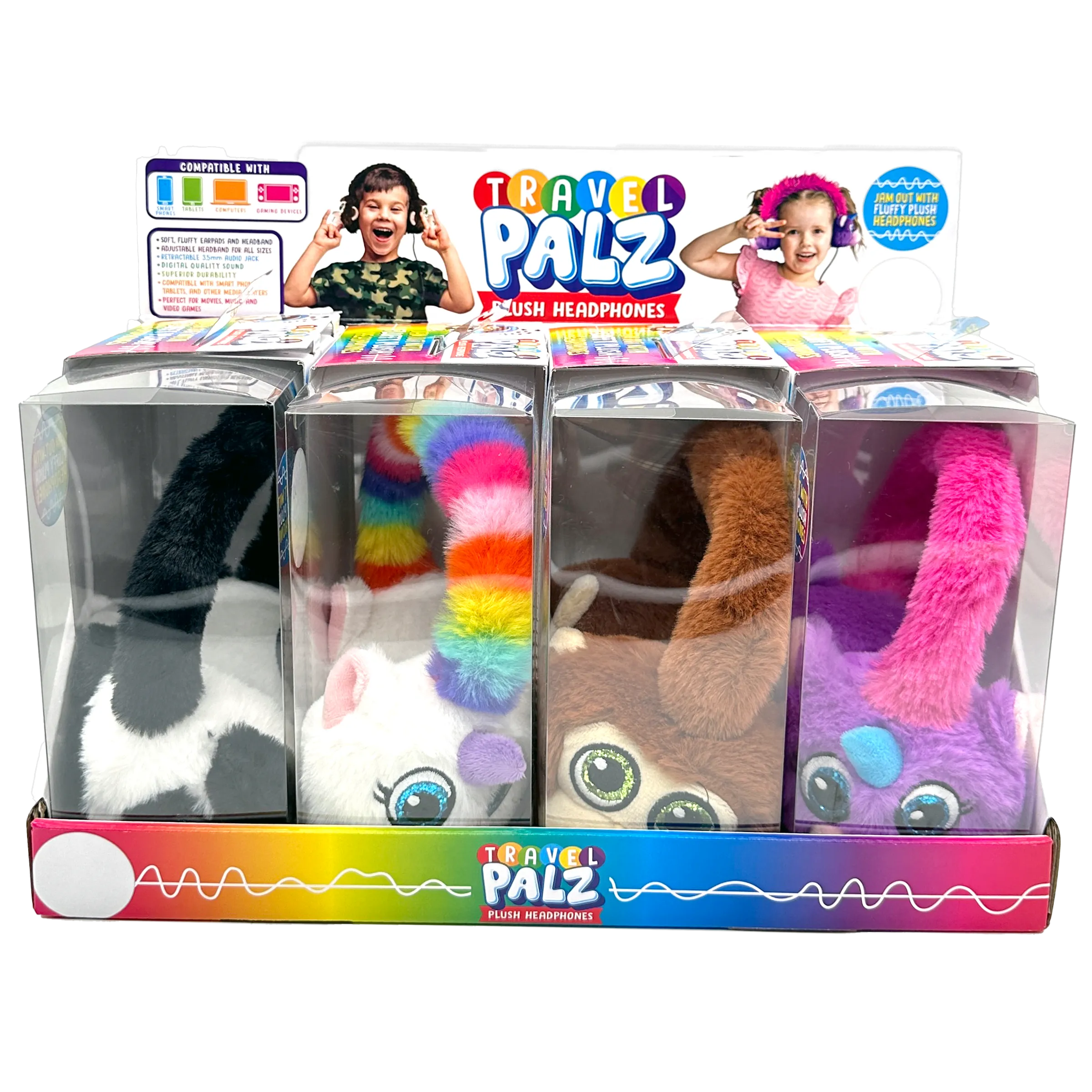 Wired Headphones Travel Pals Kids Plush with Retractable Cord - 4 Pieces Per Retail Ready Display 23699