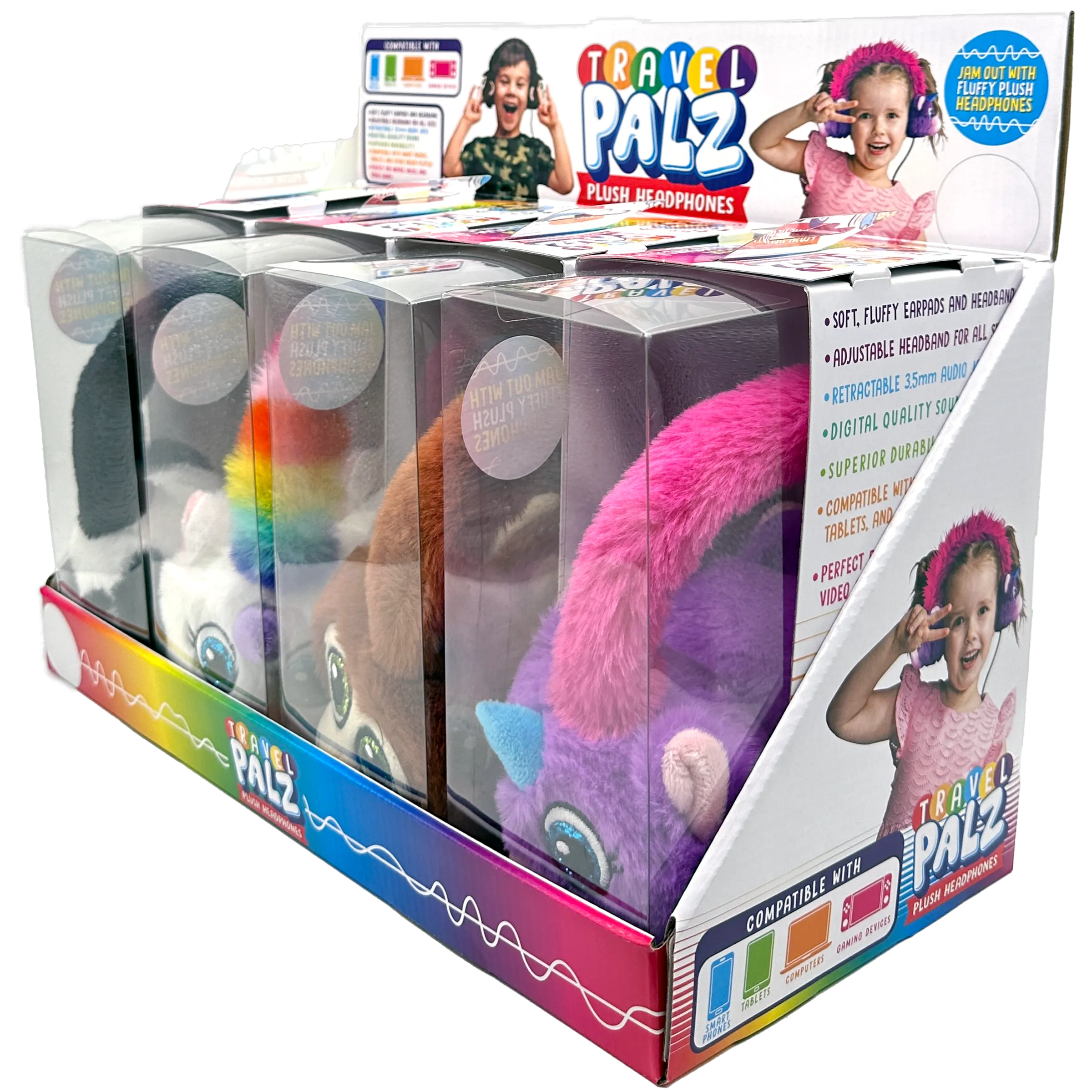 Wired Headphones Travel Pals Kids Plush with Retractable Cord - 4 Pieces Per Retail Ready Display 23699
