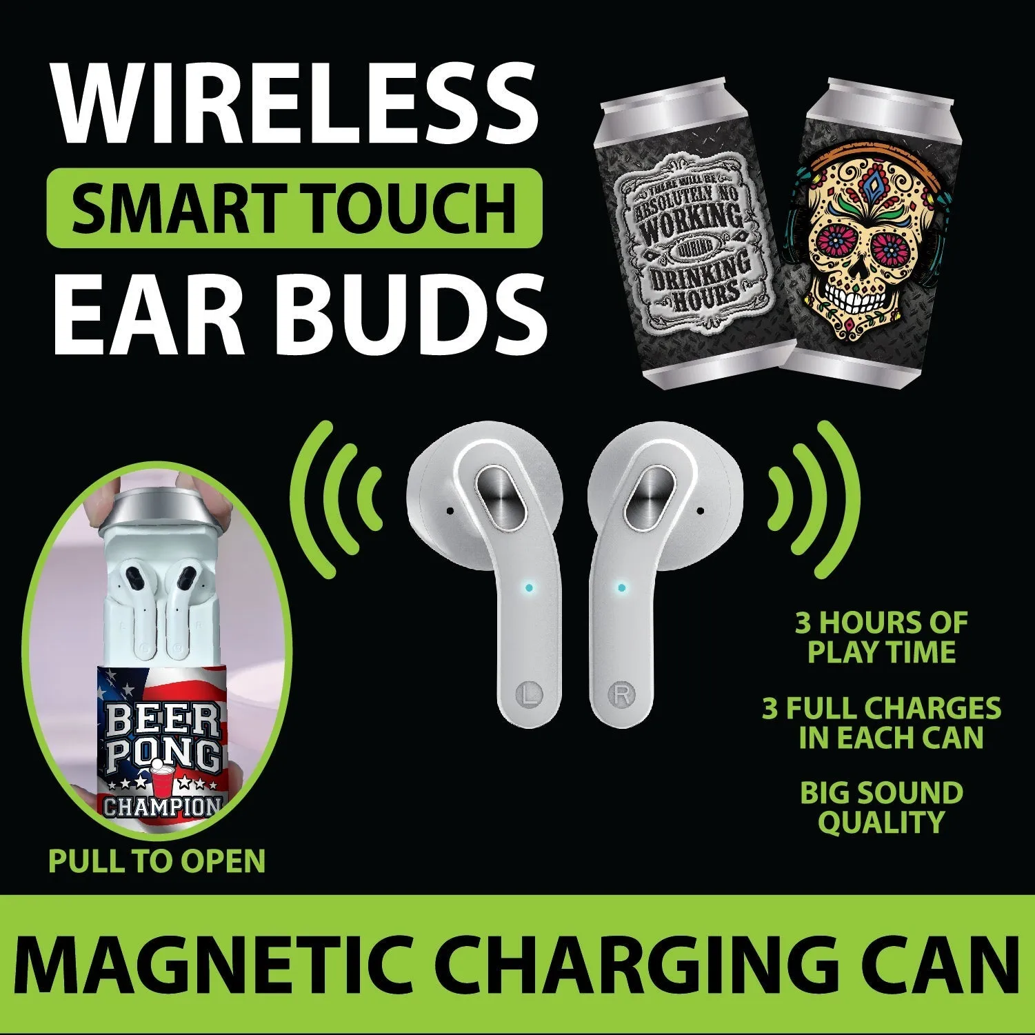 Wireless Earbuds with Printed Charging Can - 6 Pieces Per Retail Ready Display 21939